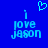 Blue background with light blue pixelated text reading "i love jason" and a heart symbol above the 'i' on both sides of a split composition.