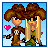 Pixel art contact sheet showing two animated frames of a cowboy-themed buddy icon with characters and text.