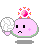 Pixelated pink blob with black eyes and green outline, holding white cracked sphere, pink gem with yellow sparkles above head, pink plus on cheek, neutral expression.