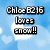 Blue background with white heart shapes and black text reading "Chloe B216 loves snow!!" in pixelated font.