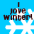 Blue background with white snowflake and brown text 'I love winter!' in four identical