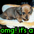 A pixelated puppy on a white surface with green text overlays reading 'HOT' and 'omg! it's a DOG!' in different frames.