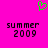A bright pink background features a green pixelated heart symbol above two identical text blocks reading 'summer 2009' in dark purple pixels.