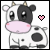 Pixelated cow with black and white patches, pink nose, two horns, large eyes, and a heart symbol changing from solid to outline.