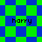 Four identical pixelated images of a blue and green checkered pattern with the text 'harry' in black lowercase letters, arranged in a