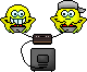 Yellow cartoon character with gray cap, holding black device connected to dark monitor; mouth and eye expressions change across frames.