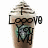 Pixelated coffee cup with whipped cream and green logo, overlaid with partial text fragments in black font.