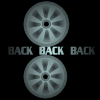 Circular gray icon with radiating segments and central hole, displayed with text variations below it on black background.