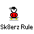 Pixel art character in red shirt and black pants with yellow shoes, shown in multiple poses including seated, standing, and skateboarding, with text "Sk8erz Rule" below each pose.