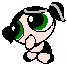 Pixel art of a cartoon character with black pigtails, green eyes, and closed fists in two poses against gray background.