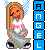 Pixelated angel figure with blonde hair, red eyes, and blue wings holding a green blanket; vertical text "ANGEL" in white letters on blue background.