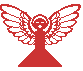 Pixelated angel figure with outstretched wings in red, white, and brown variations on gray background.