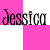 Pixelated text 'jessica' repeated across a pink and white striped background with visible compression artifacts.