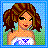 Pixelated icon of a woman with voluminous curly brown hair, wearing a white strapless top with blue and purple patterns against a light blue background.