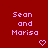 Red background with pink pixelated text 'Sean and Marisa' repeated twice, each followed by a small heart symbol.