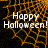 Animated Halloween-themed icon with orange spiderweb background and white text reading 'Happy Halloween!' in two lines.