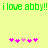 Green pixelated text 'i love abby!! i love abby!!' spans top of light yellow background with two of pink and purple hearts below