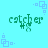 Pixelated green text 'catcher' with a hashtag and scissors symbol below, repeated on a cyan background with light blue square patterns.