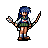 Pixel art character with blue hair holding a bow and arrow, wearing green and white clothing on gray background.
