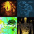 Four distinct pixelated images arranged in a 2x2 grid: top-left warm-toned abstract shape, top-right blue gradient, bottom-left green-yellow gradient with dark spots, bottom-right brown-yellow gradient figure.