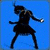 Silhouette of a figure in dynamic pose holding small white object against blue, yellow, and green backgrounds.