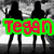 A static pixel art icon with a black-and-white background showing two silhouetted figures, overlaid by green-outlined red text reading "Tegan".