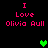 Pixelated text reads "I Love Olivia Aull" in pink on black background with green heart symbols appearing and disappearing.