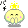 Pixelated yellow character with closed eyes, pink cheek marks, and green outline on gray background; four variations show hand positions changing from open to clasped while star above head alternates between glowing and solid.