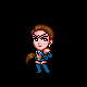 Pixel art character in blue outfit with brown hair, performing actions including holding a star, emitting yellow sparkles and rings.