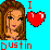 Pixelated buddy icon featuring a cartoon woman with long brown hair, purple lips, and a bikini top against a bright blue background with red text "I" above a pixel heart and "Dustin" below.