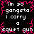 Black background with white pixelated text repeating 'im so gangsta i carry a squirt gun' surrounded by pink jagged border.