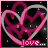 Pixelated heart-shaped design with overlapping pink and magenta outlines on a black background, featuring the text 'love...' in white pixel font at bottom right.