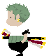 Pixelated character with green spiky hair, white shirt, black pants, and yellow earrings holding a sword with red and yellow details.