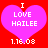 Two identical pixelated heart-shaped icons with pink fill and red background, each displaying white text "I LOVE HAILEE" above date "1.16.08".