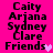 Bright pink background with black text listing names and 'Friends' alongside a small heart symbol, showing animation changes in the heart's position.