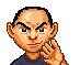 Pixelated character with dark hair and blue shirt shows two expressions: one with red mouth line, hand near face; another with closed eyes, wide white teeth, peace sign.