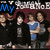 Group of people in dark clothing with one person in blue shirt, text overlays reading 'My', 'Chemical', and 'Romance' on different sections.