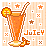 Pixel art of an orange beverage with lemon slice and straw, set against a striped background with star and cross patterns.