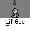 Animated contact sheet of a pixel art character named Lil' God with multiple frames showing speech bubbles, lightbulb states, and explosion effects against gray background.
