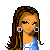 Pixel art contact sheet showing a female character in blue and white clothing with long brown hair, large hoop earrings, green eyes, and the word 'single' below her legs.