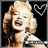 Pixelated image of a woman with blonde hair styled in a vintage updo, wearing a light-colored dress, with a heart-shaped pattern in the background.
