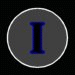 Circular icon with dark gray background and white border containing a blue vertical letter I that rotates clockwise through multiple angles.