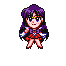 Pixel art character with purple hair in various poses including standing, bow-and-arrow aiming, and fire effects.