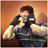 A pixelated figure with brown hair in a dark sleeveless top, holding an object near the face against warm orange and yellow background.