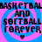 Pixelated text reads "BASKETBALL AND SOFTBALL FOREVER" with a heart symbol, repeated in four quadrants on blue and pink spiral backgrounds.