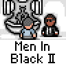 Animated contact sheet of 13 frames showing pixel art characters from Men in Black II with changing text bubbles and poses against a gray background.