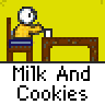 Animated contact sheet of a pixel art character drinking milk and eating cookies across nine frames with yellow background and gray text bars.