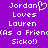 Purple background with white pixelated text reading "Jordan Loves Lauren (As a Friend) Sicko!)" in two identical , one featuring a heart symbol replacing the 'o' in Jordan