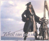 Animated sequence of a pirate character standing on a ship's deck with text changing below.