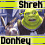 Animated Shrek and Donkey buddy icons with yellow text labels, showing character expressions and partial views.